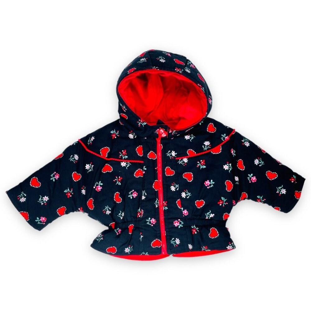 Vintage Baby Girls Black + Red Heart + Floral Print Winter Puffer Coat 12m